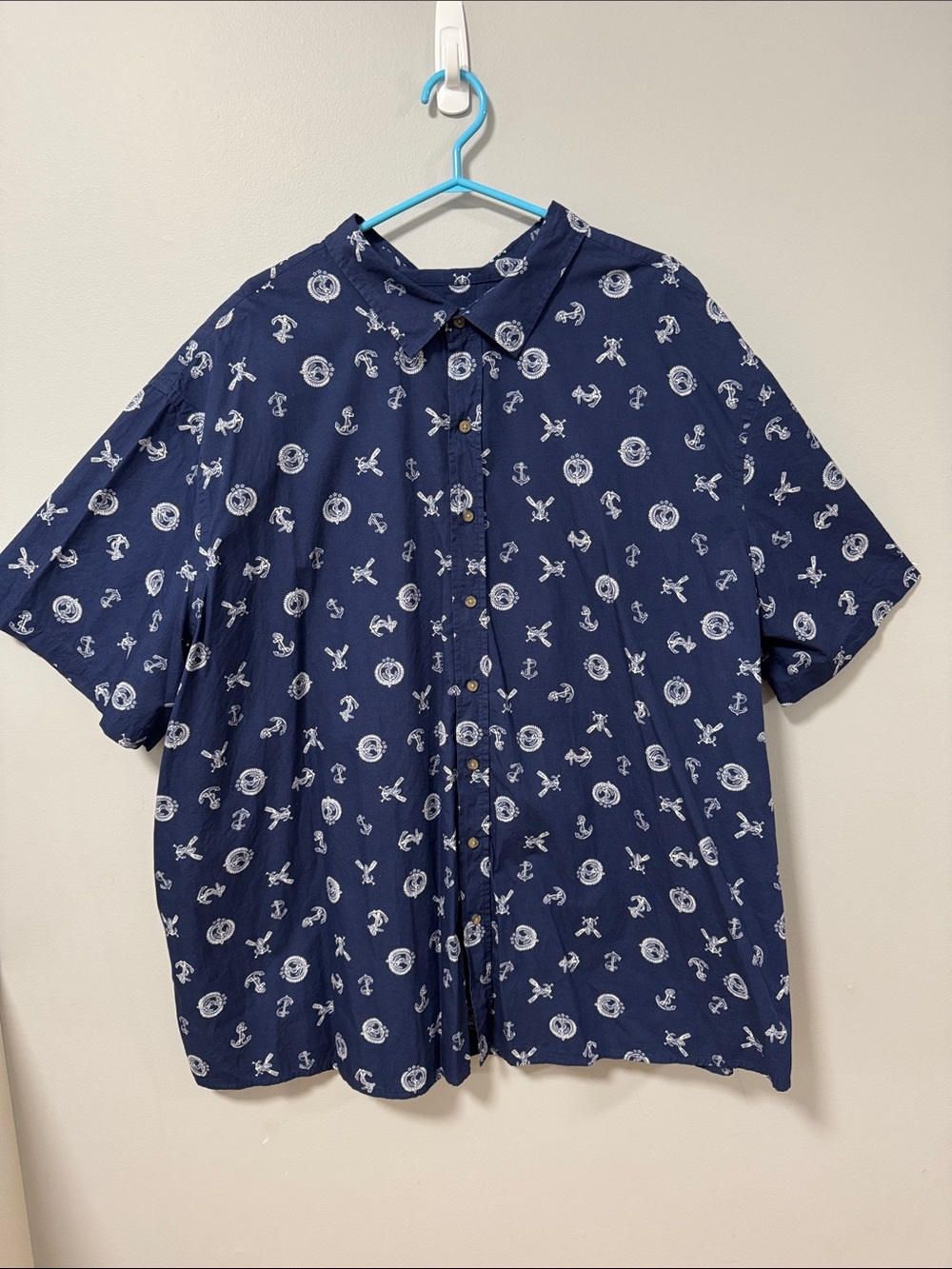 Harbor Bay Navy Button-Down Short Sleeve Shirt with White Nautical Print